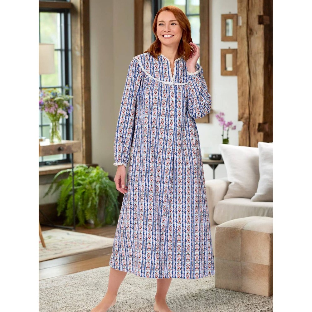 Vintage USA Lanz of Salzburg Tyrolean Flannel Nightgown 50 Blue Deadstock Small - Picture 2 of 3